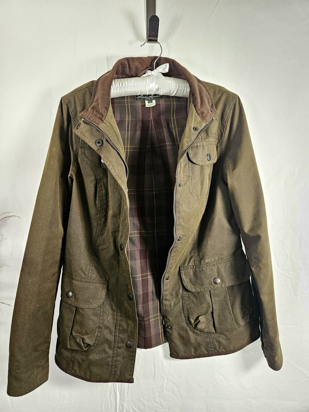 Eddie Bauer Women's S Waxed Cotton Field Jacket Brown Plaid Lined Utility Coat